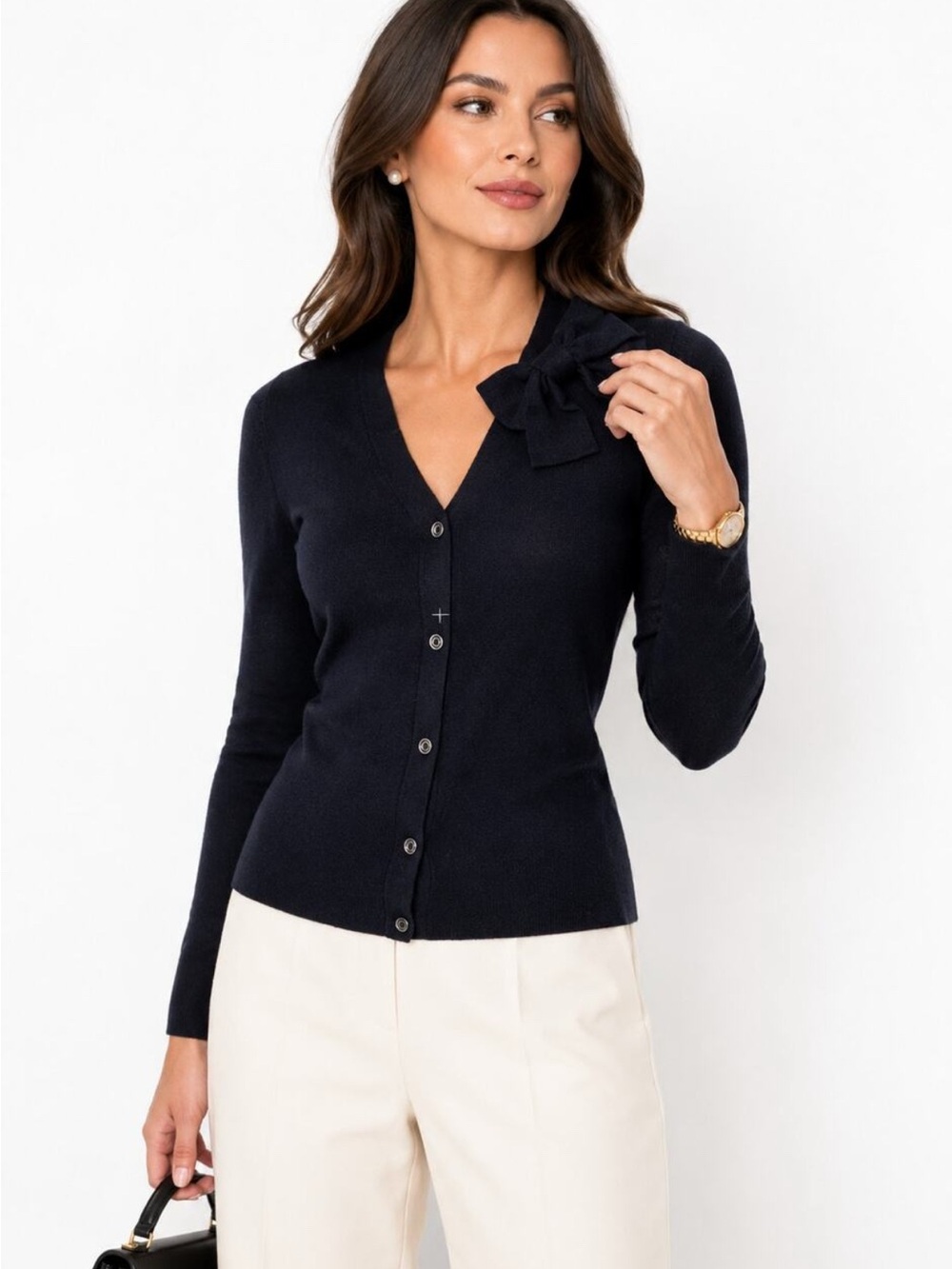 Kate Spade Black Silk Blend Cardigan Top W/ Bow Detail Size L Old Money Preppy